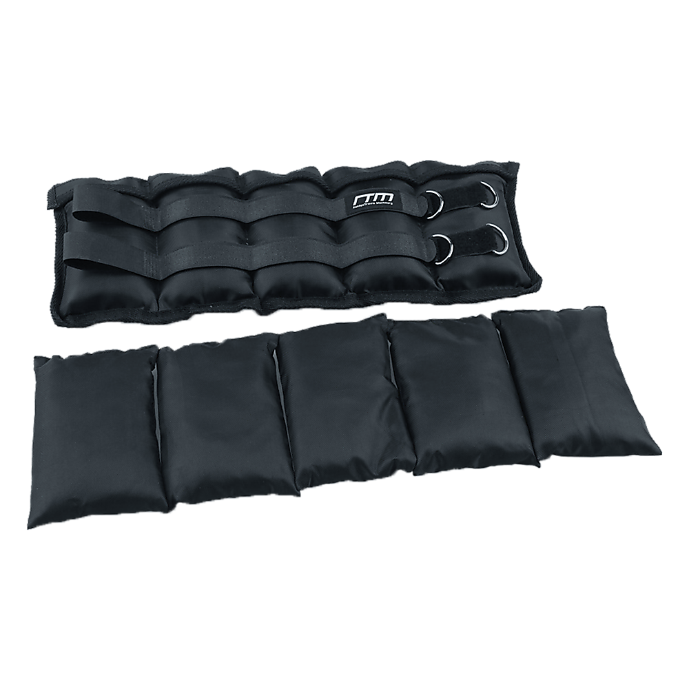 Black ankle weight with multiple straps on a white background