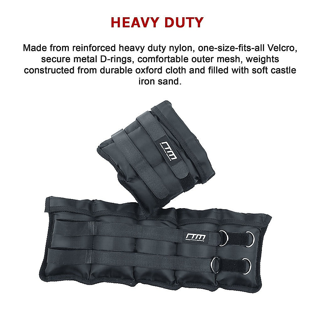 Heavy-duty ankle weights with text describing features on a white background