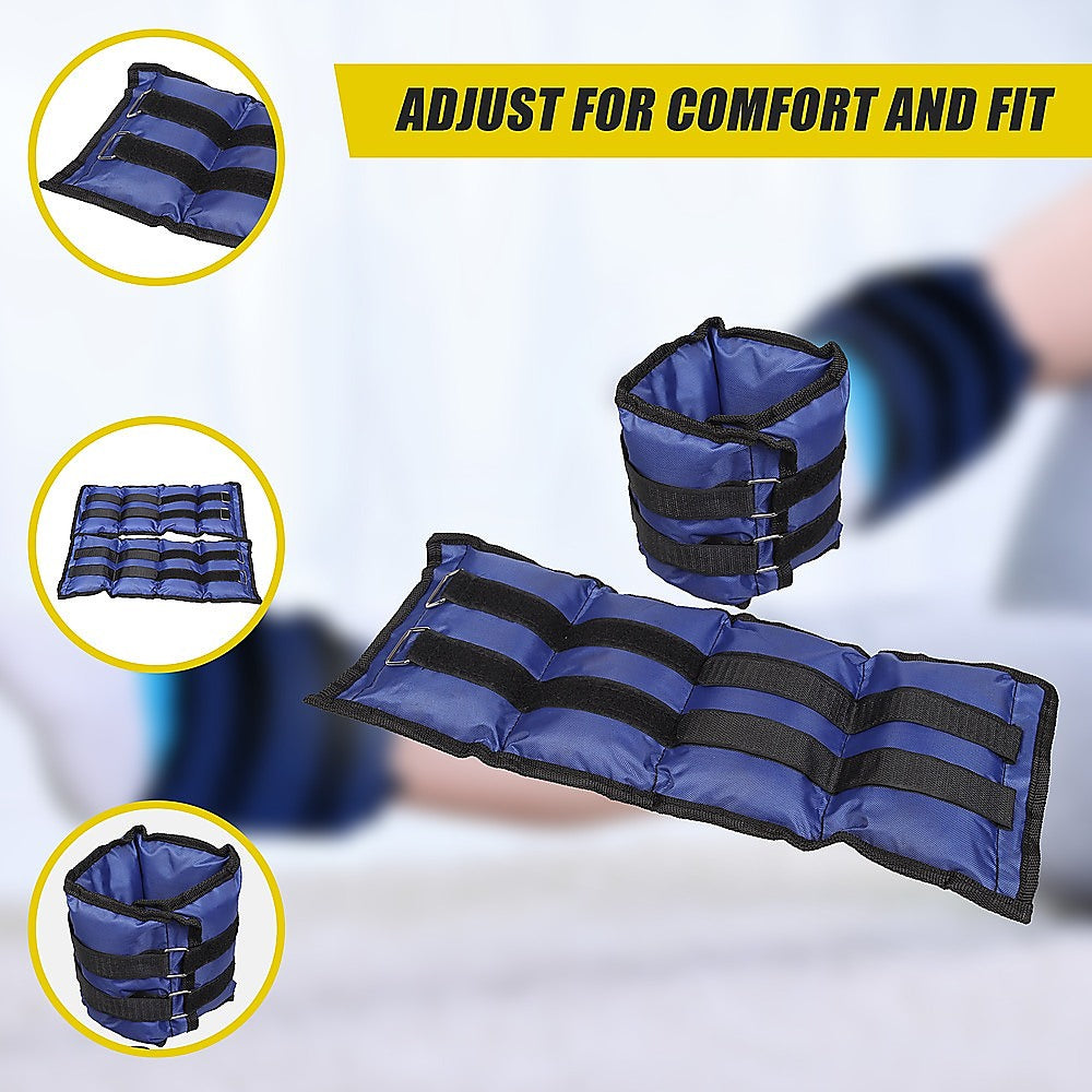 Blue ankle weights with black straps on a white background, featuring text 'Adjust for comfort and fit'.