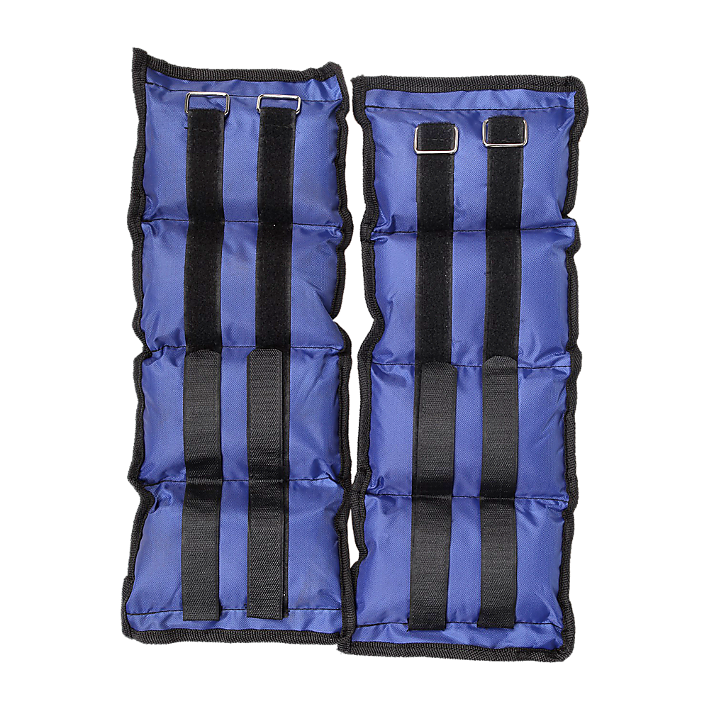 Pair of blue ankle weights with black straps on a white background
