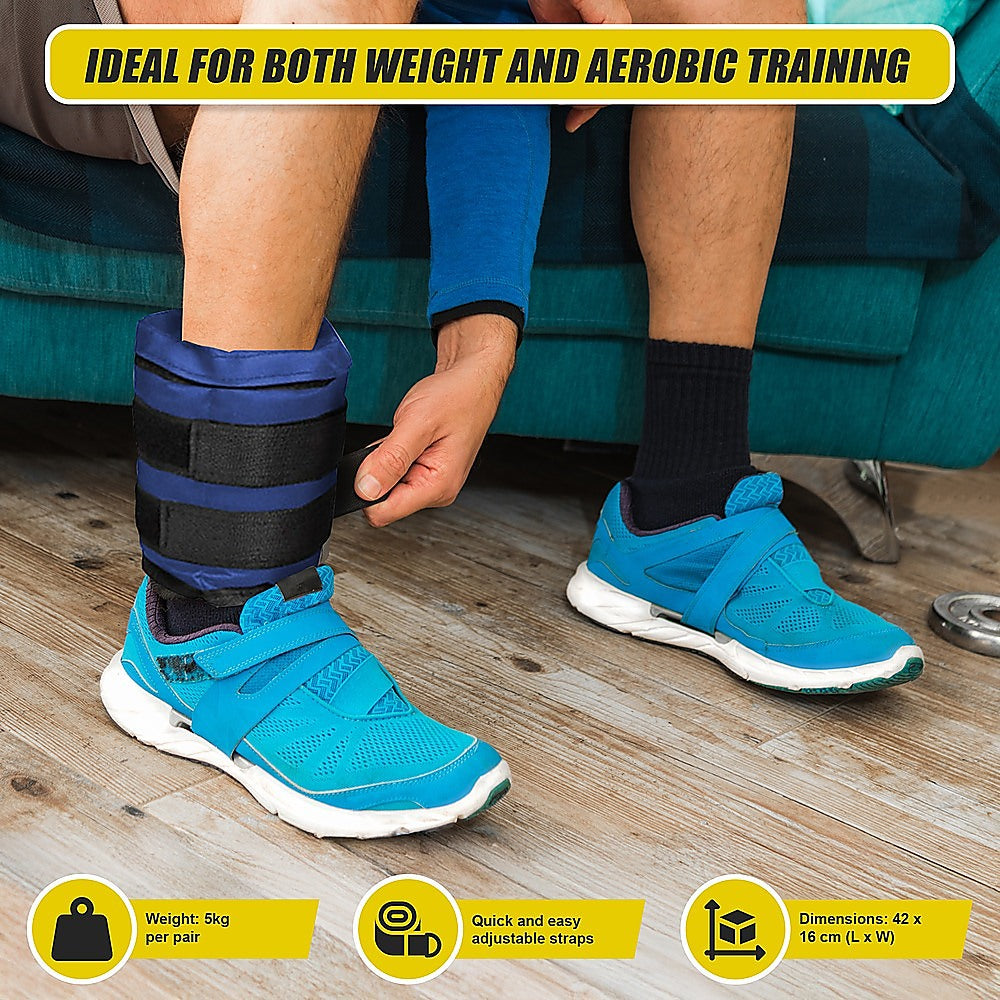 Person wearing blue athletic shoes with ankle straps on a wooden floor, with text about training.