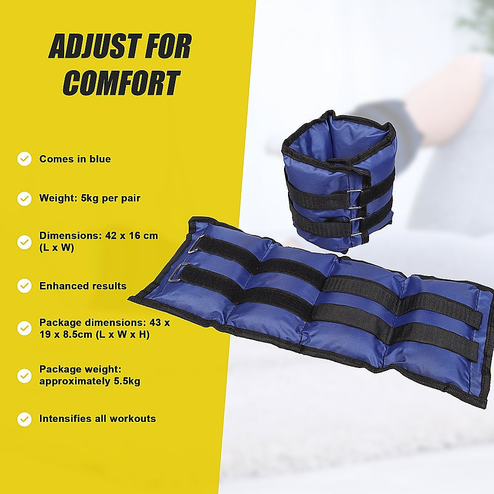 Blue ankle weights with black straps on a white background, featuring text about product details.