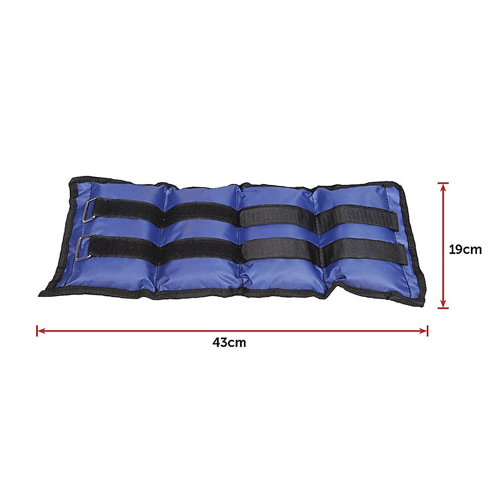 Blue and black weighted pad with measurements on a white background