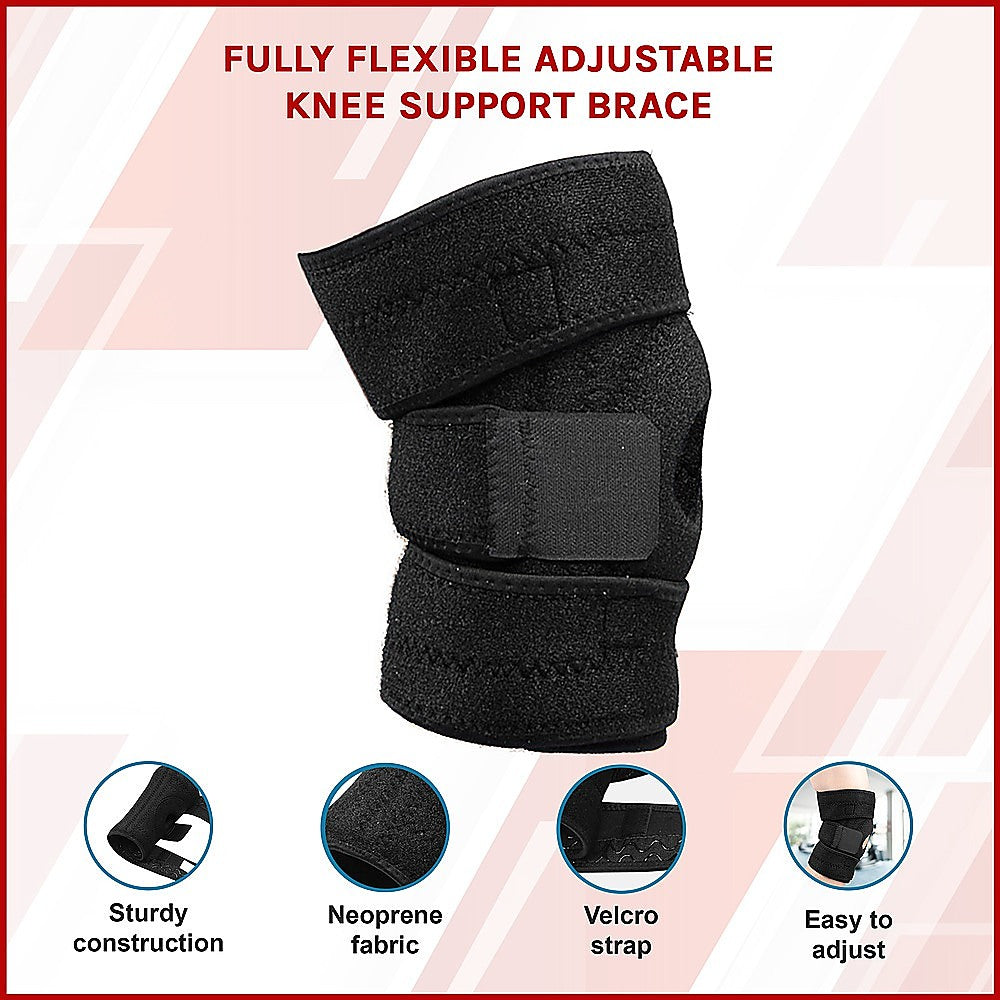 Black knee support brace with features highlighted on a white background