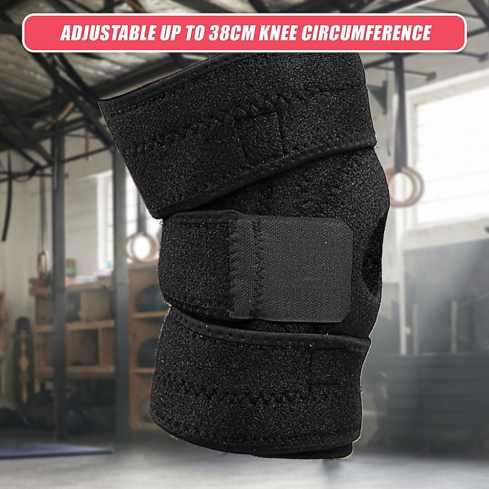 Black adjustable knee brace with text indicating knee circumference adjustment range, set against a blurred gym background.