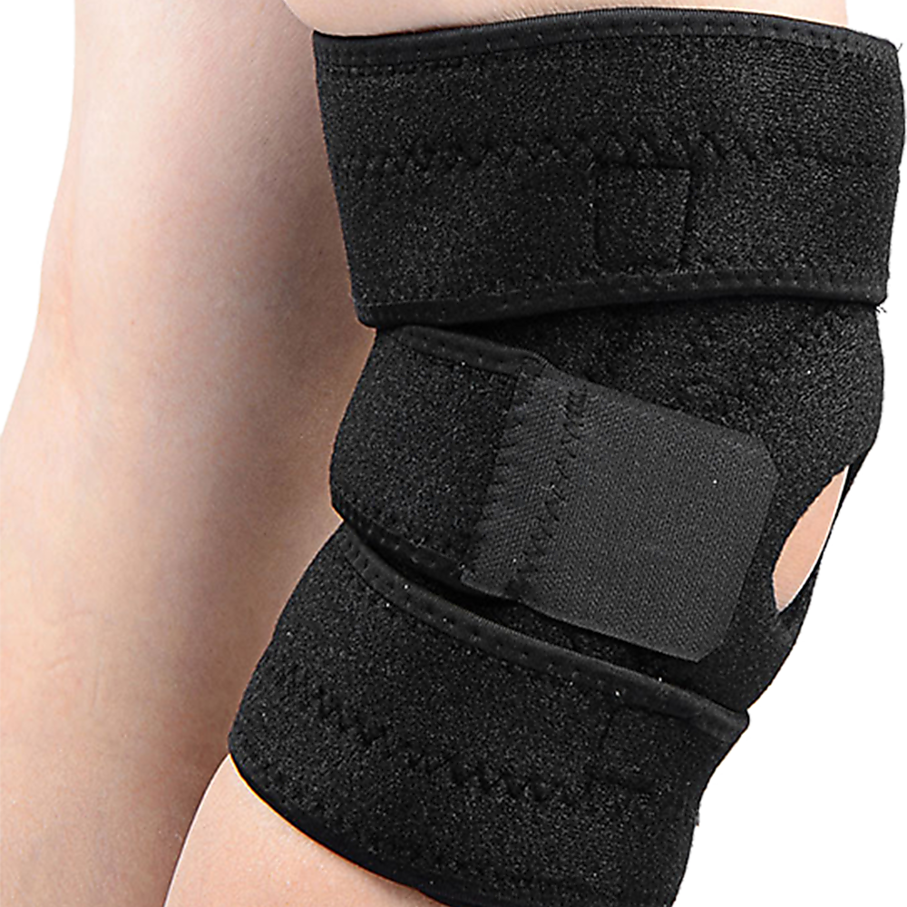 Black knee brace on a person's knee