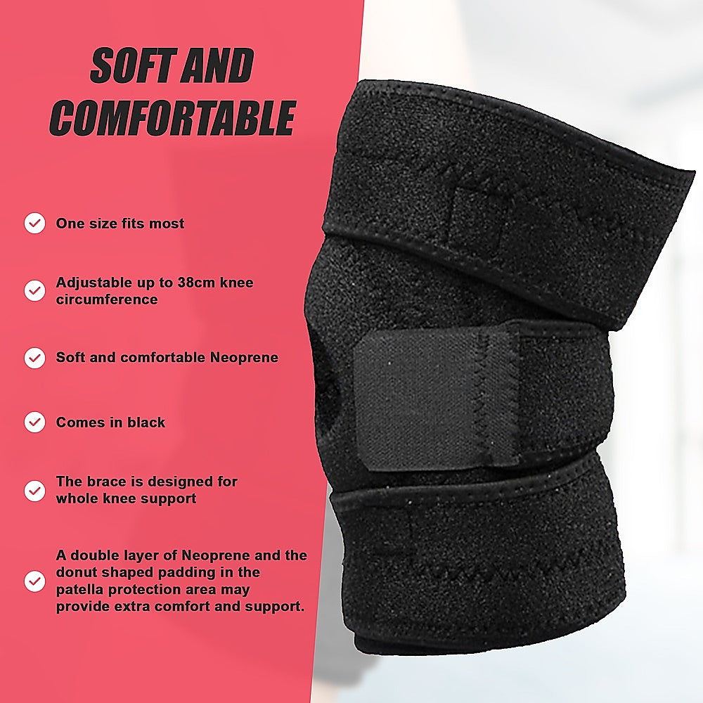 Black knee brace with features listed on a pink and white background