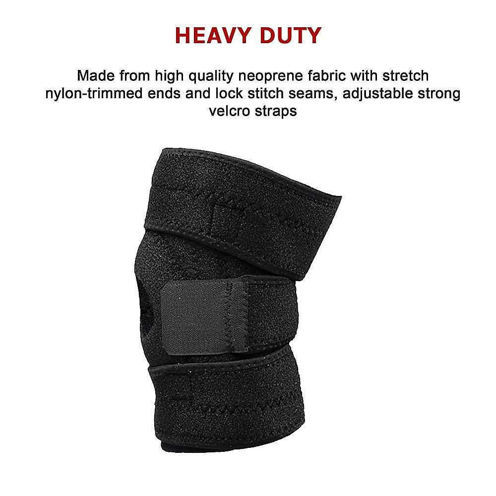 Black knee brace with text on a white background