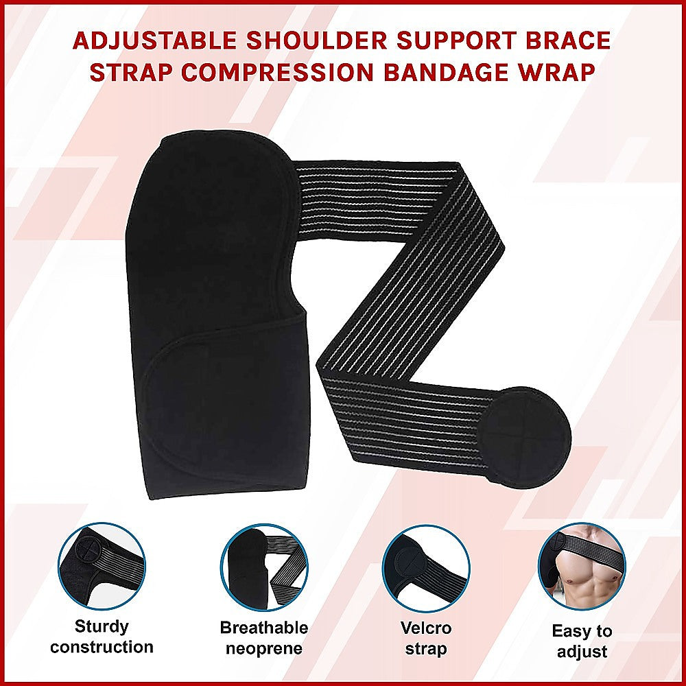 Black adjustable shoulder support brace with strap compression bandage wrap on a white background