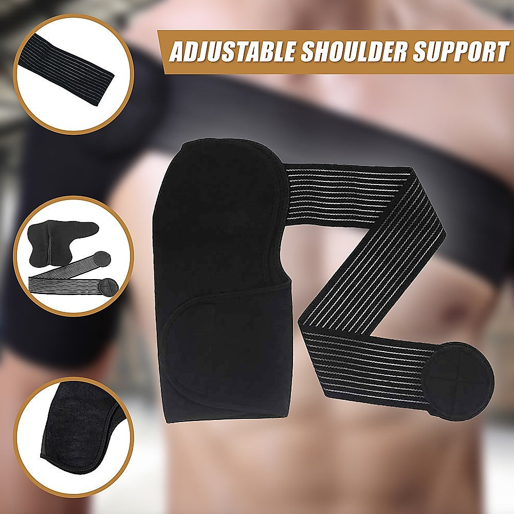 Black adjustable shoulder support with close-up insets on a blurred background