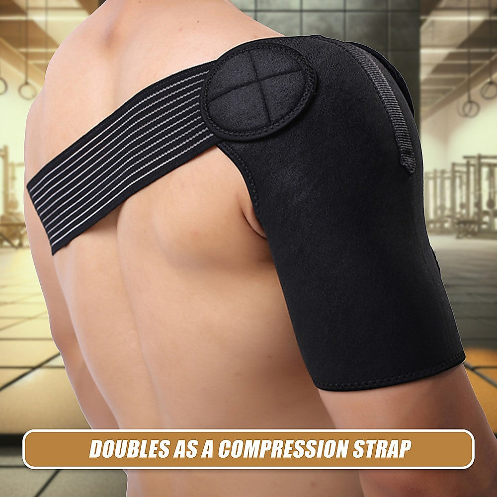 Black shoulder brace worn by a person with a blurred indoor background