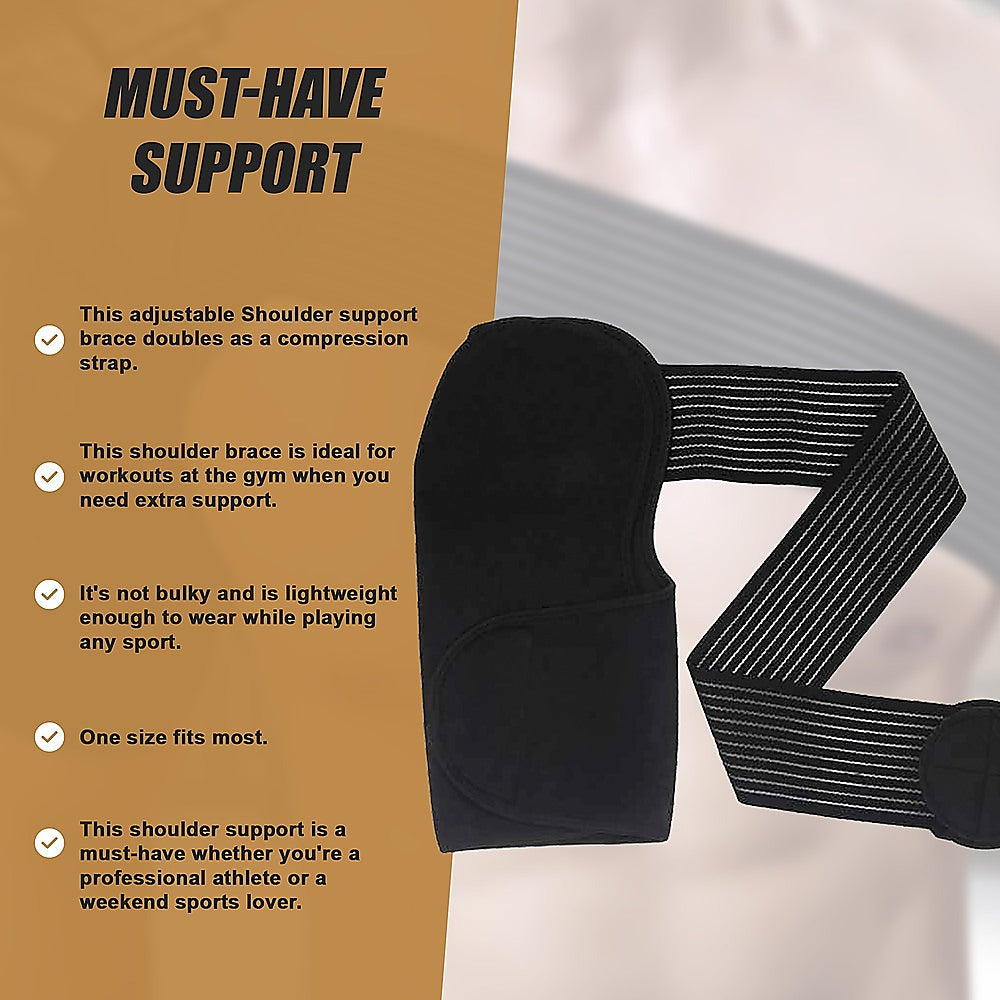 Black adjustable shoulder support brace with text on a brown background