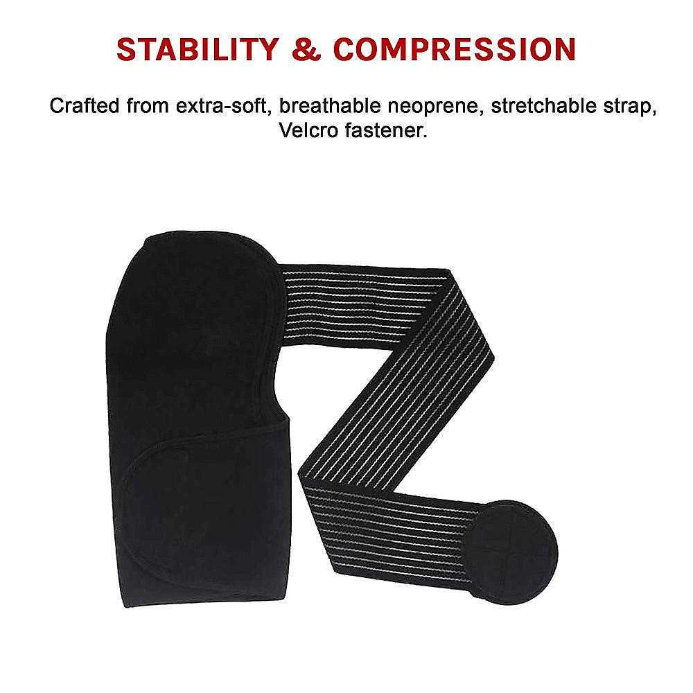Black compression bandage with text about stability and materials on a white background
