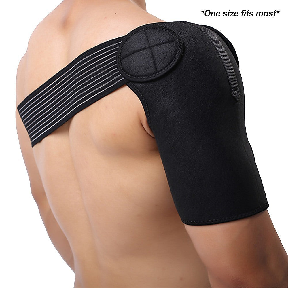 Black shoulder brace on a person's shoulder with text 'One size fits most'.