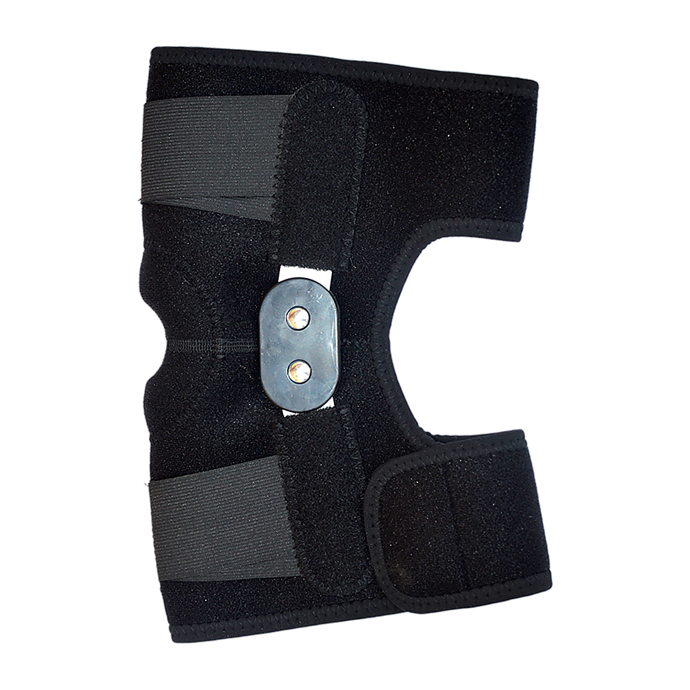 Black knee brace with a metallic fastener on a white background