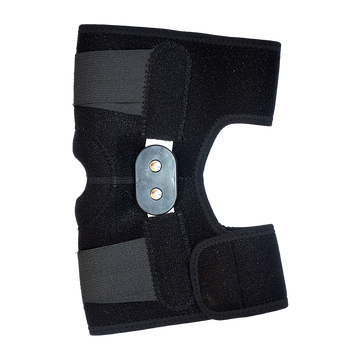 Black knee brace with a metallic fastener on a white background