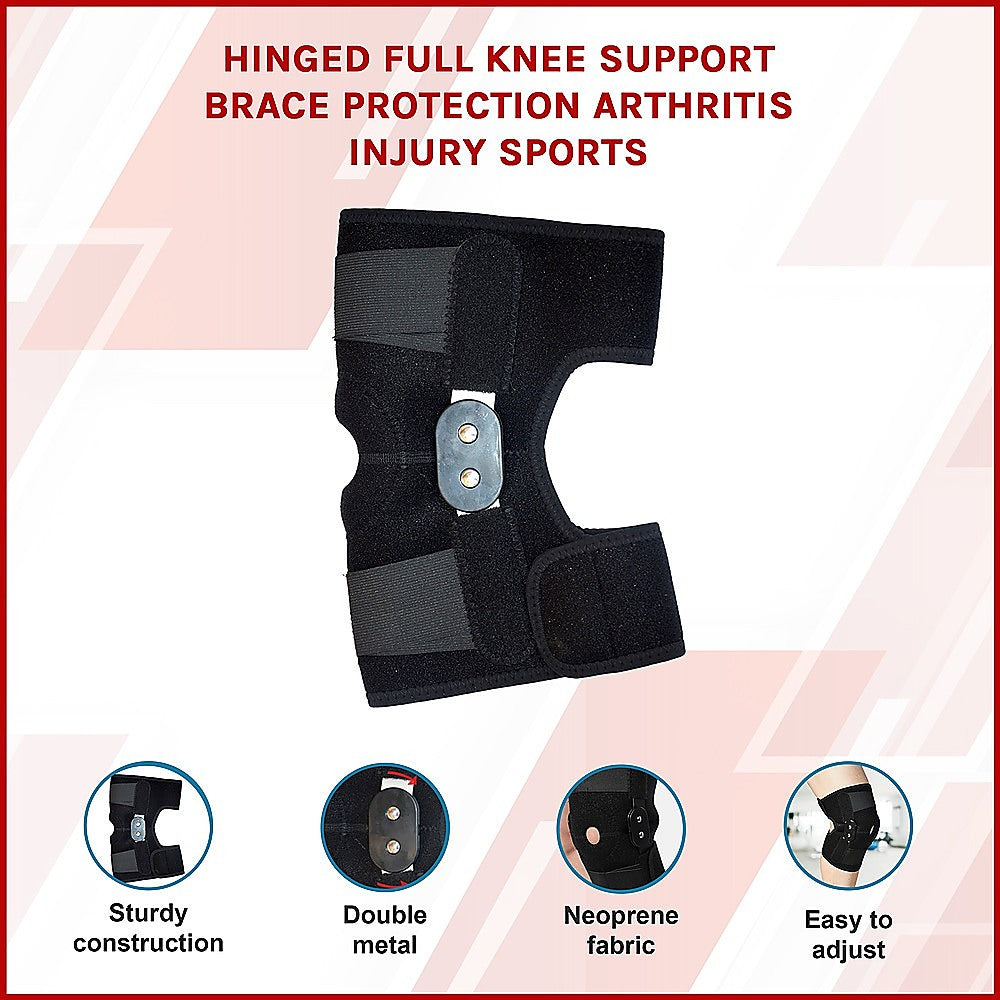 Black hinged full knee support brace with text on a pink and white background