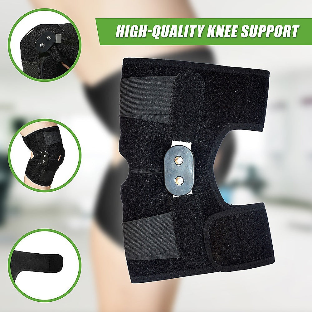Black knee support brace with high-quality label on a blurred background