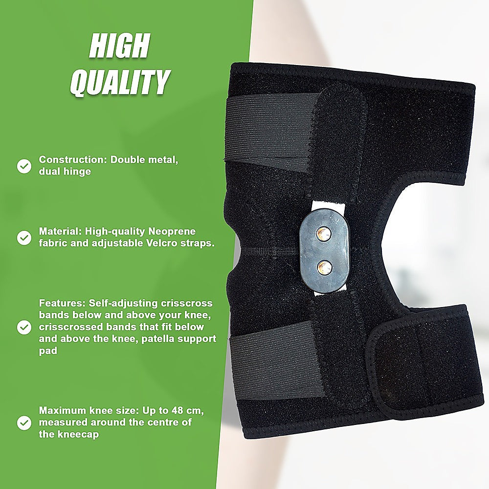 Black knee brace with green quality assurance text on the left