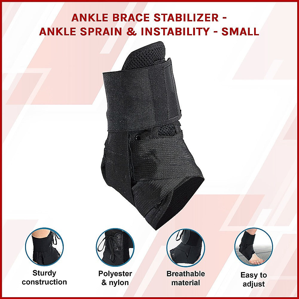 Black ankle brace stabilizer on a light pink background with text and icons.