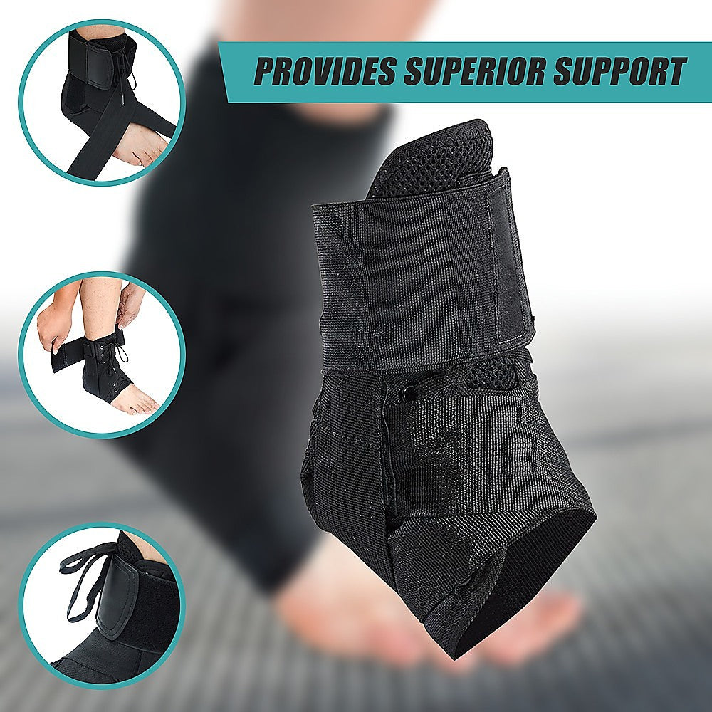 Black ankle support brace with text 'Provides Superior Support' on a blurred background