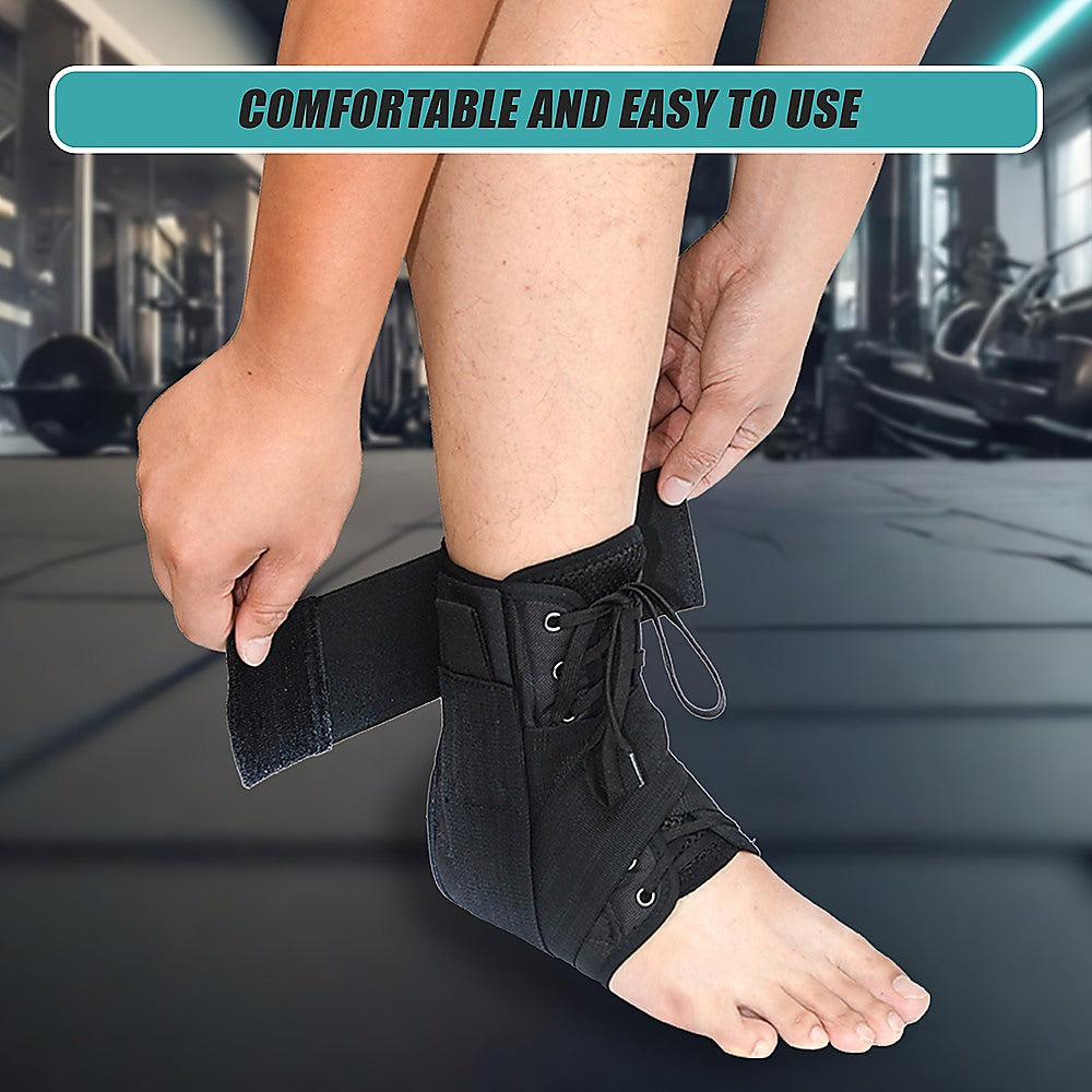 Person putting on a black ankle support brace with text 'Comfortable and easy to use' in a gym setting.
