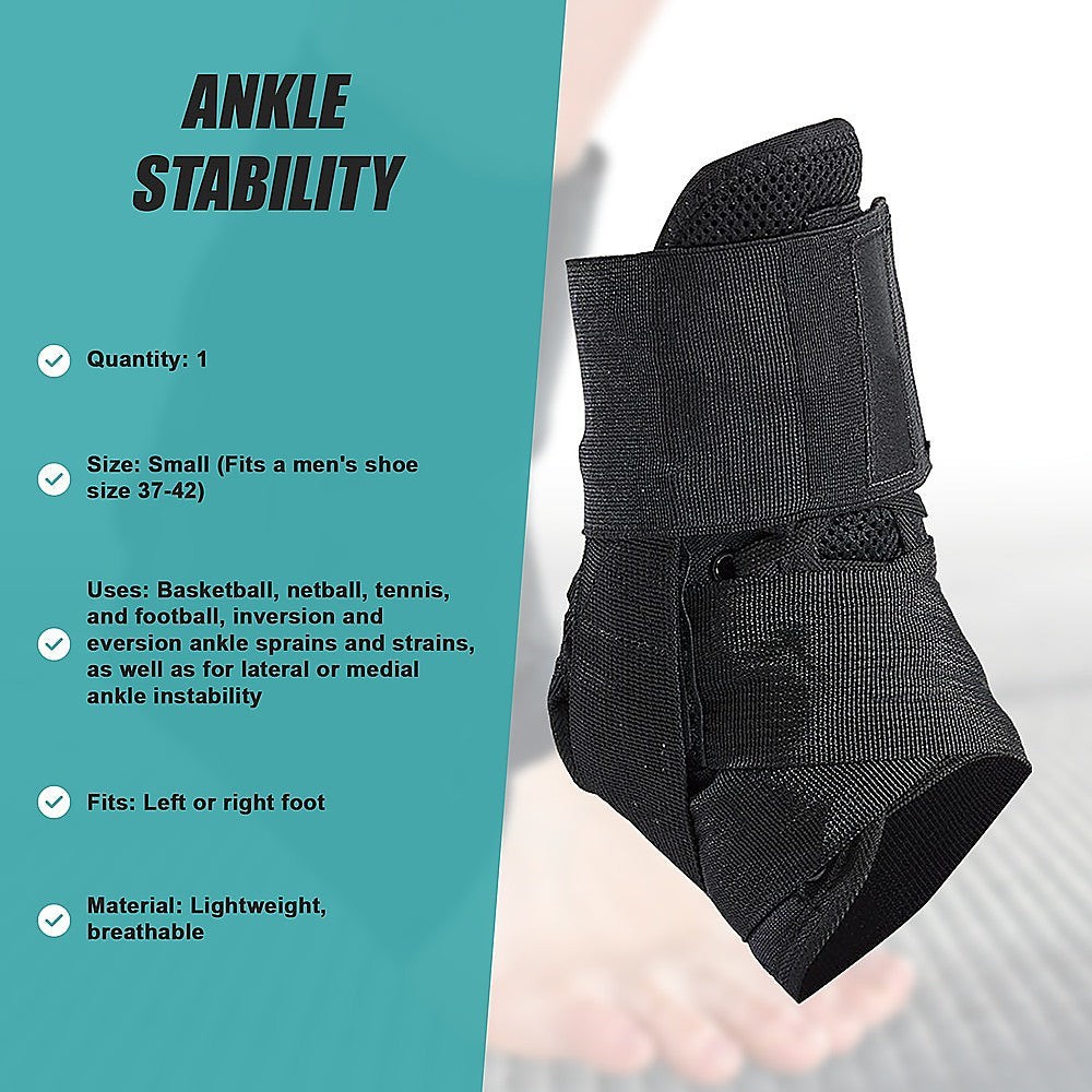 Black ankle support brace with product details on a teal background