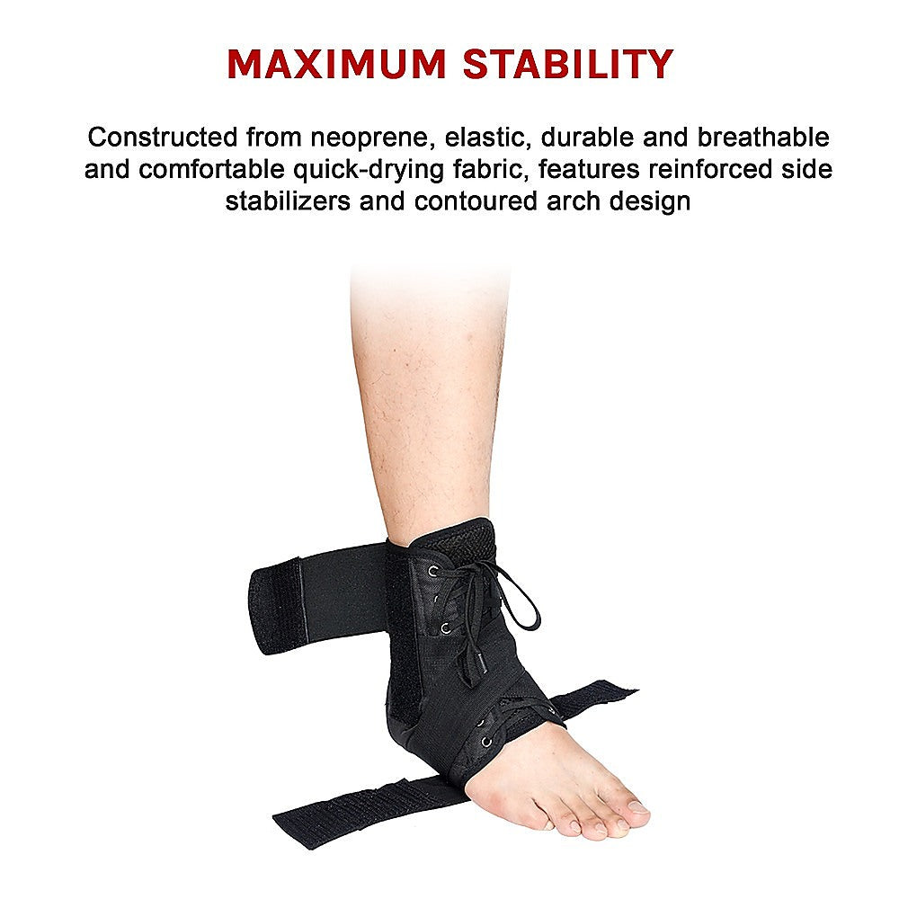 Black ankle support brace on a white background with text about its features.