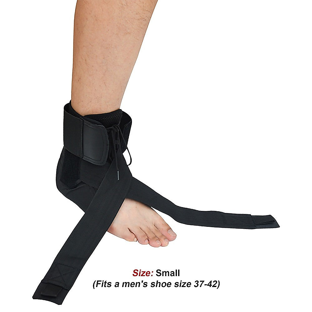 Black ankle support brace on a person's foot with size information displayed.