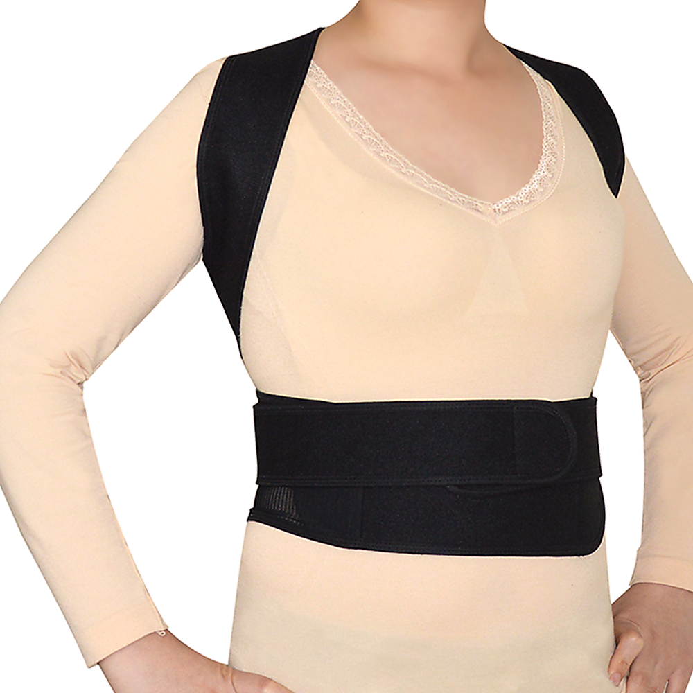Person wearing a black posture corrector on a white background