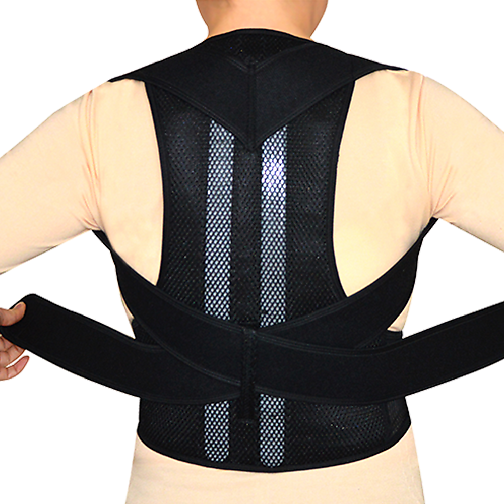 Person wearing a black posture corrector on a white background