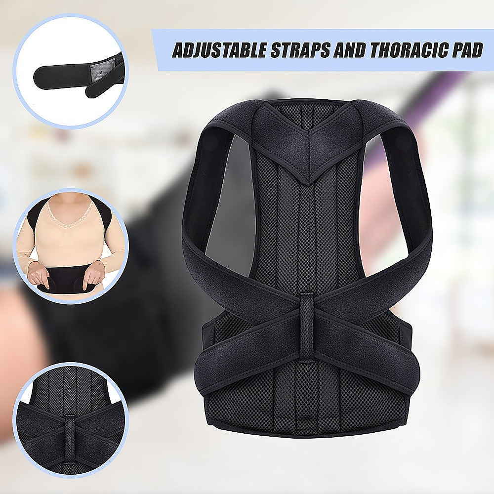 Black posture corrector with adjustable straps and thoracic pad on a blurred background