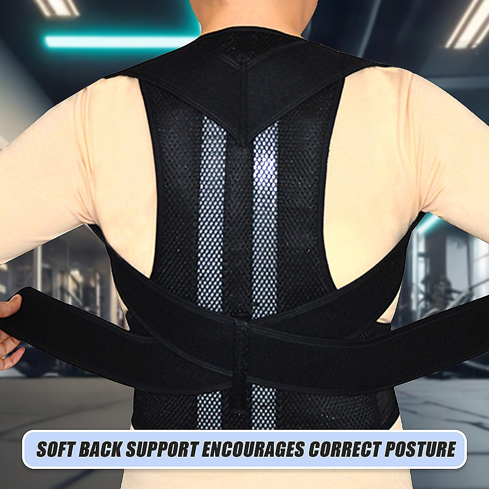 Person wearing a black posture corrector with a blurred background