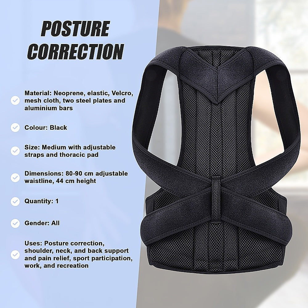 Black posture correction brace with product details on a light blue background