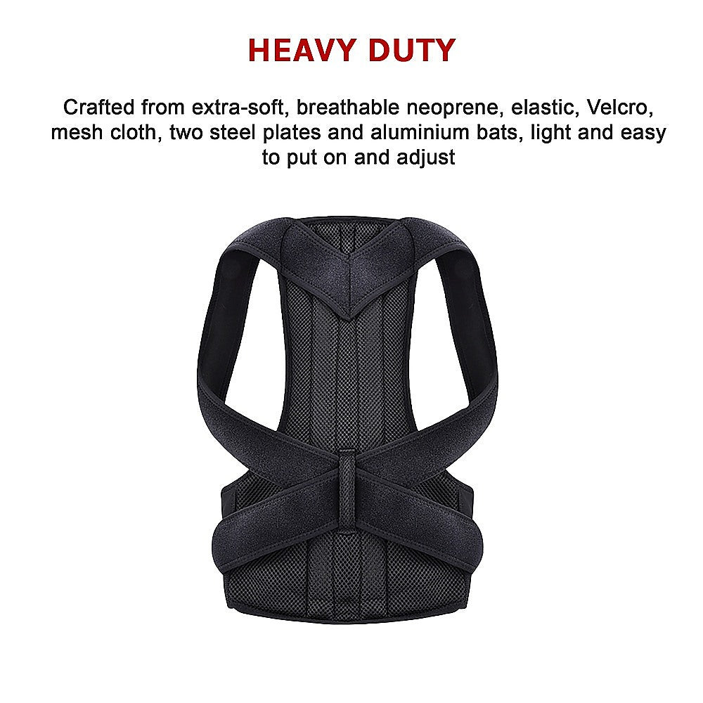 Heavy-duty back brace with text on a white background