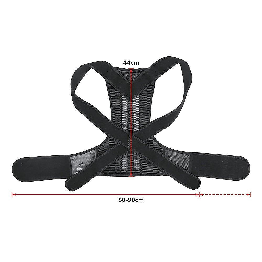 Black posture corrector with measurements on a white background