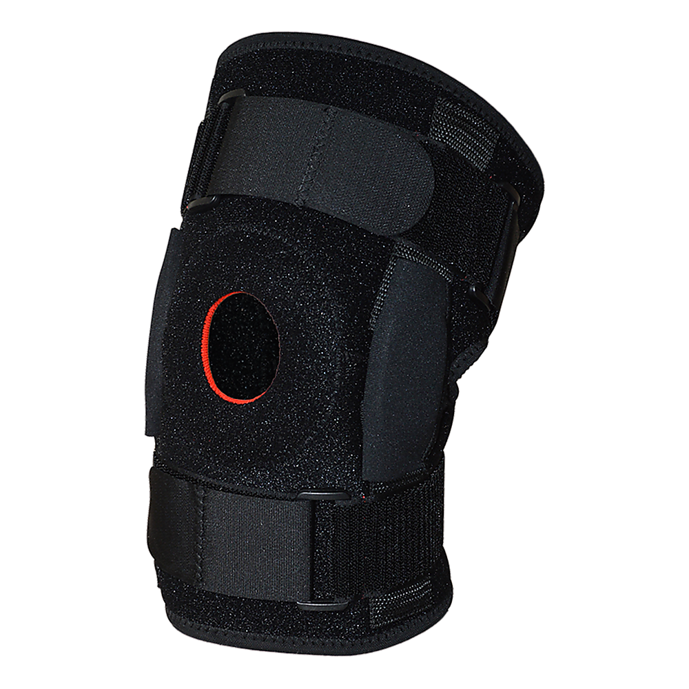 Black knee brace with red interior on a white background