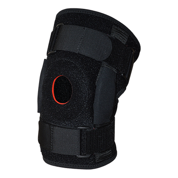 Black knee brace with red interior on a white background