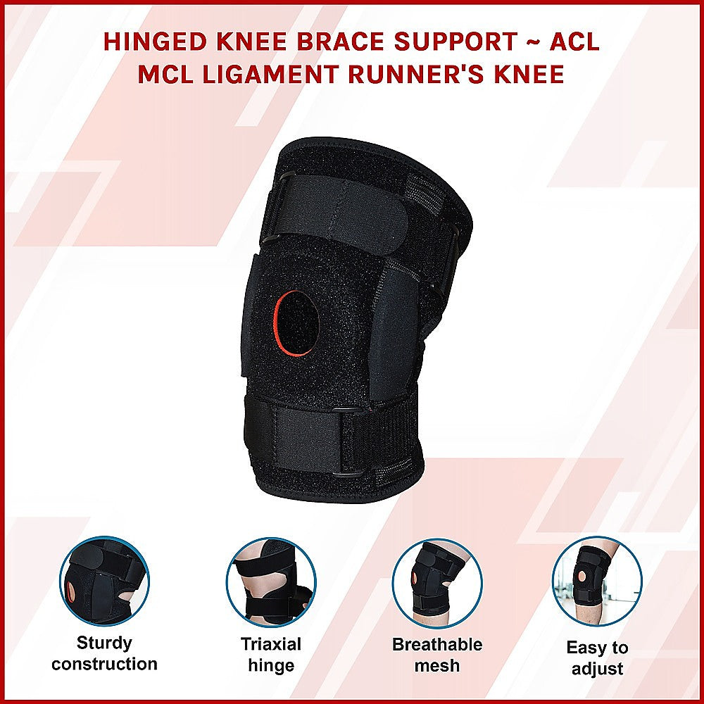 Black hinged knee brace support with features highlighted on a white background