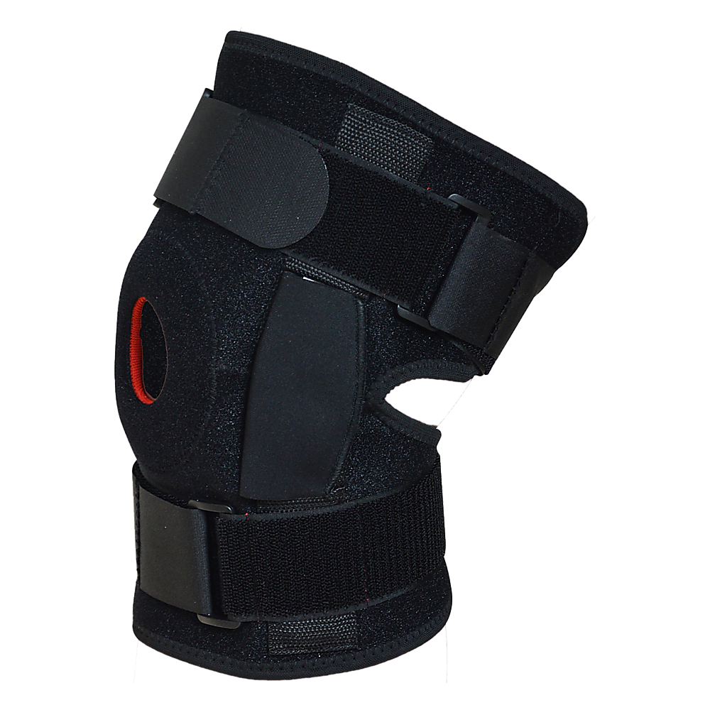 Black knee brace with straps on a white background