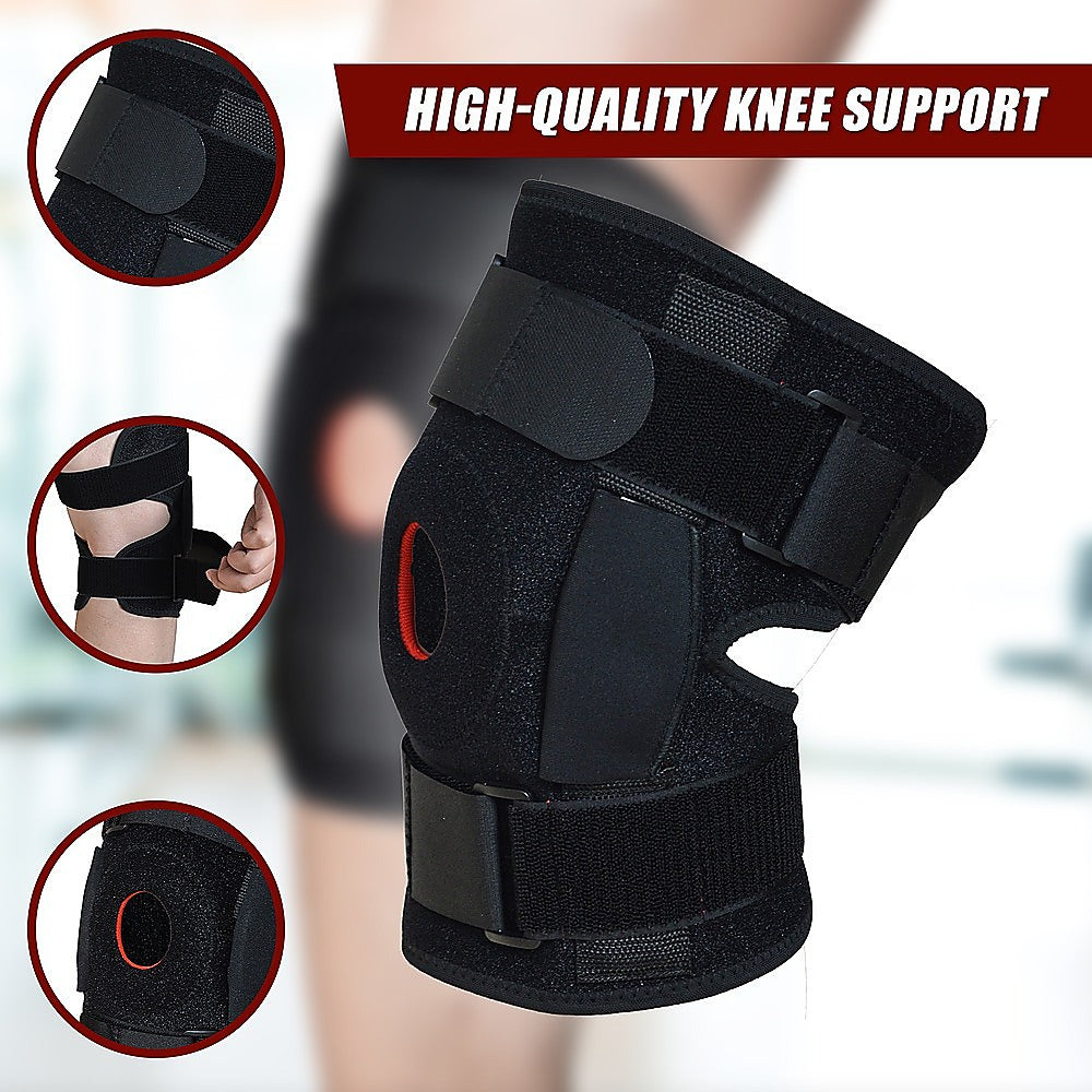 Black knee support brace with close-up insets on a blurred background