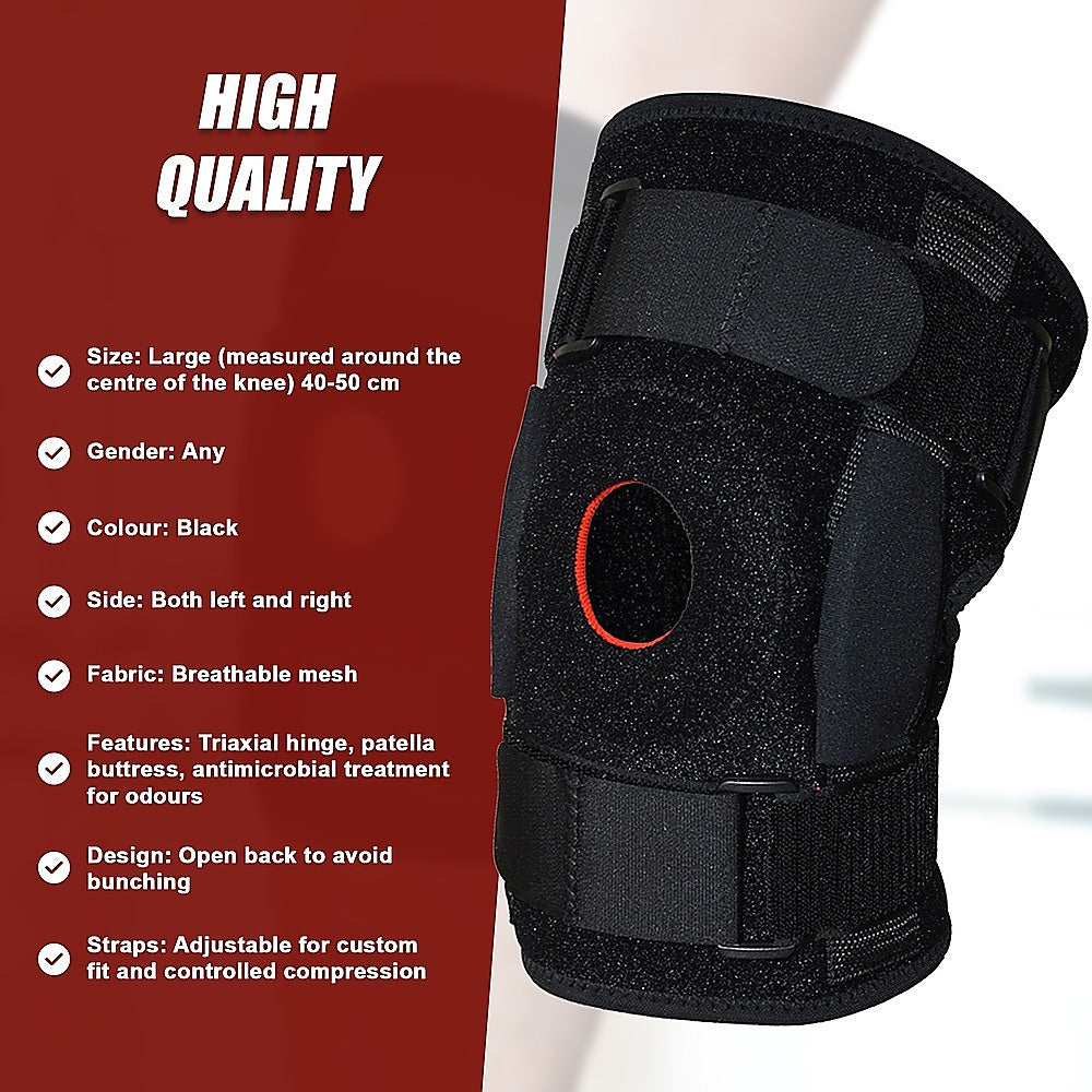Black knee brace with features listed on a red background