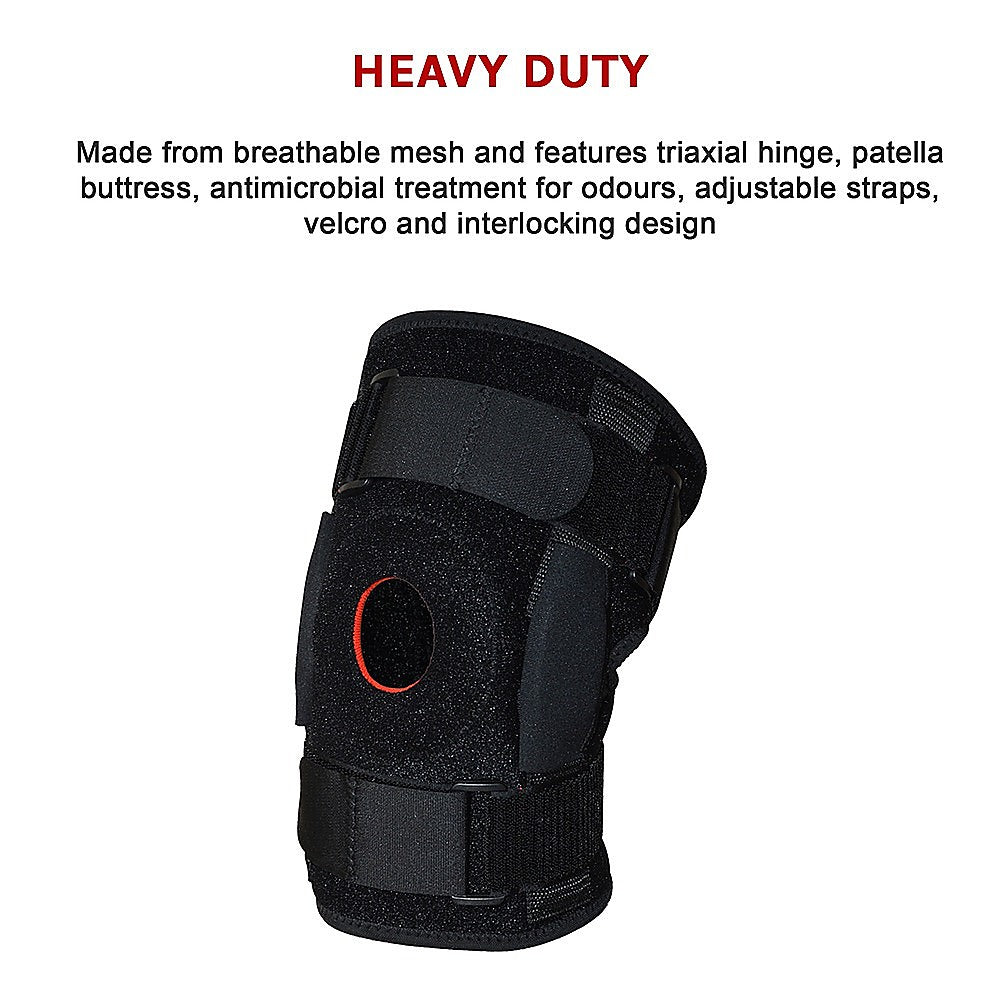 Heavy-duty knee brace with text on a white background