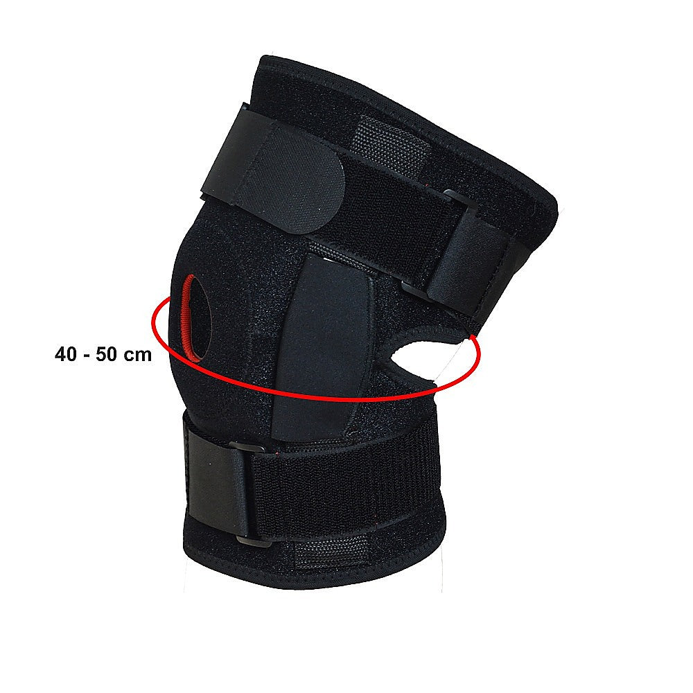 Black knee brace with measurement indication on a white background