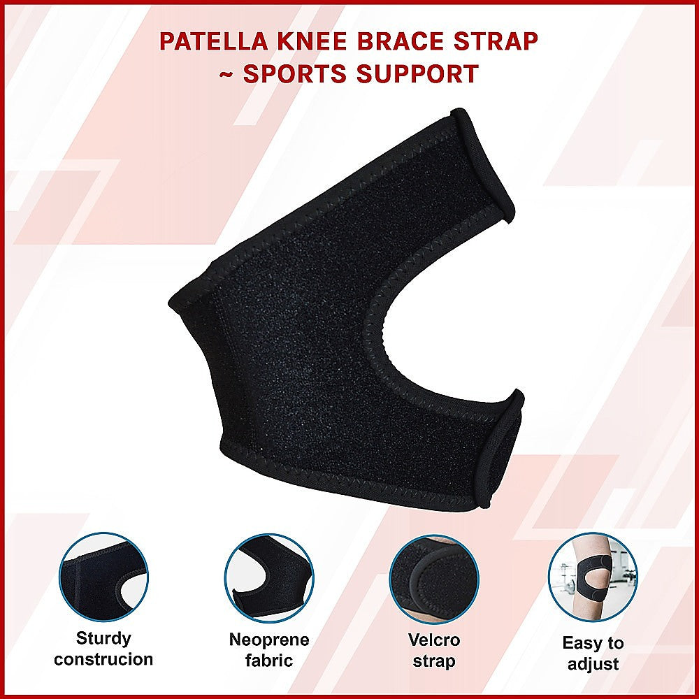 Black patella knee brace strap with features listed on a pink and white background