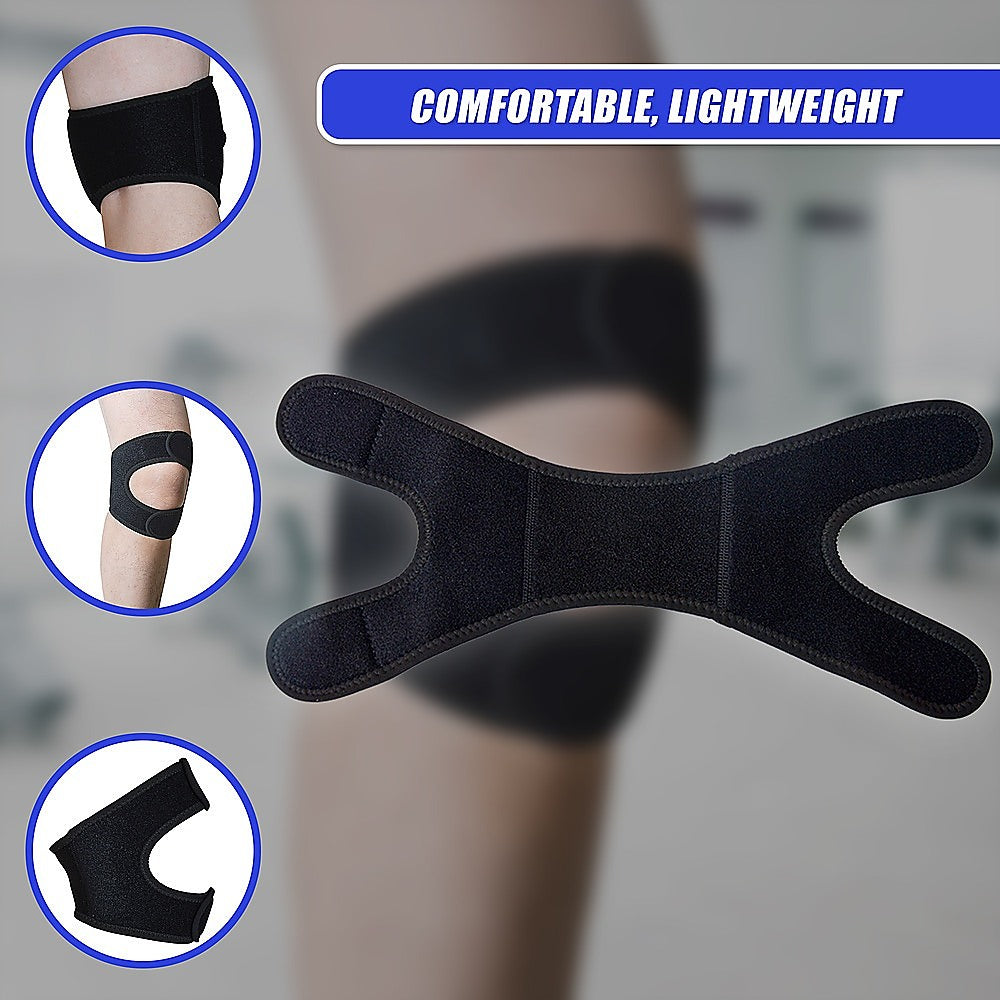 Black knee brace with close-up insets on a blurred background, labeled as comfortable and lightweight.