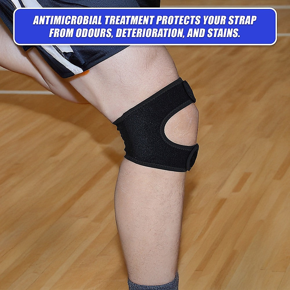 Black knee brace on a person's knee with text about antimicrobial treatment.