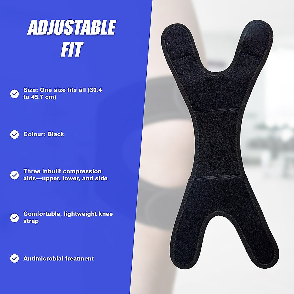 Black knee support brace with adjustable fit features on a blue background