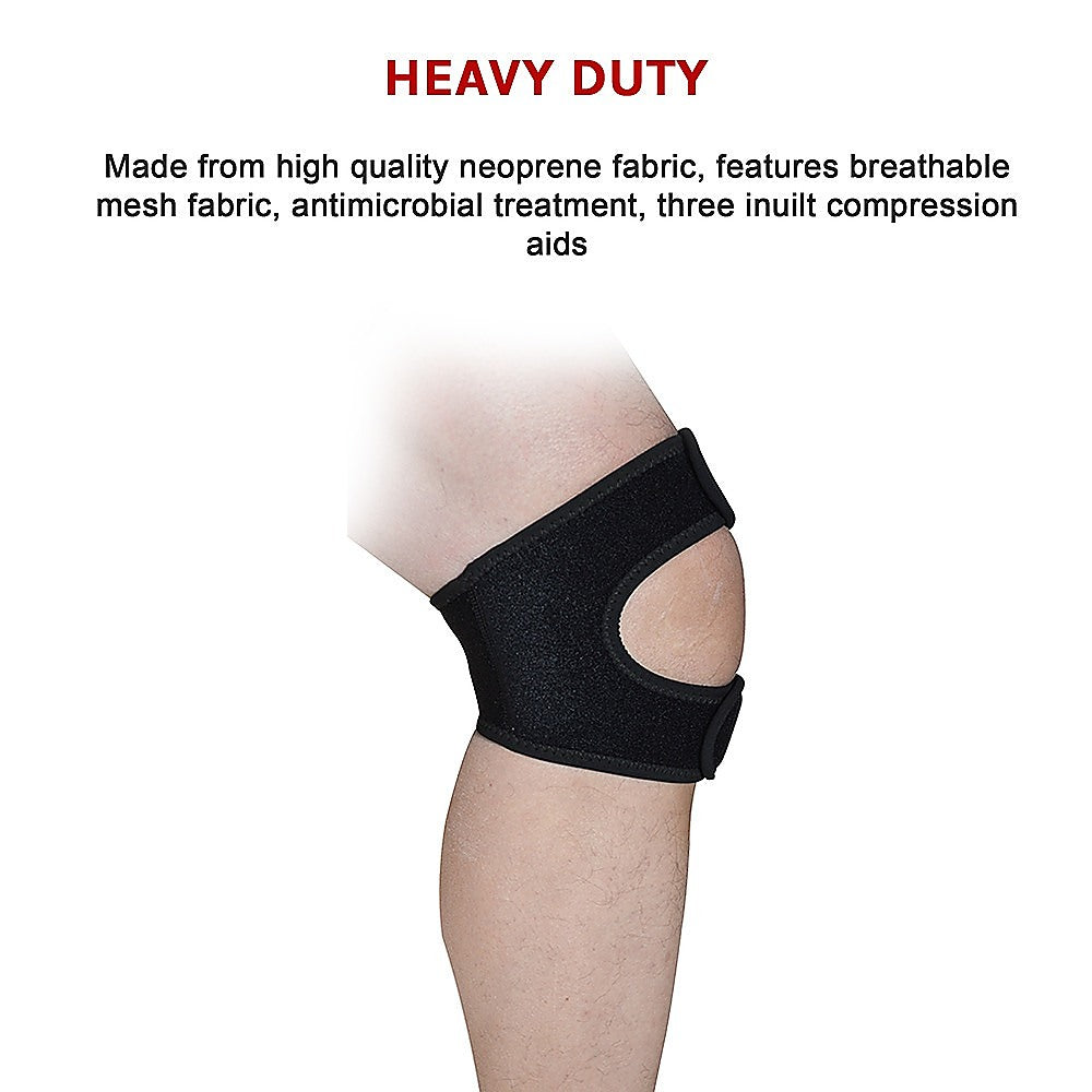 Black knee brace on a person's knee with text about its features on a white background