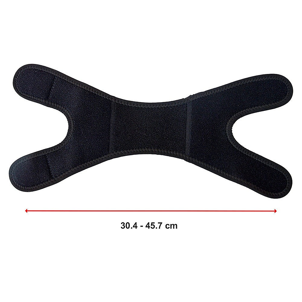 Black shoulder brace with measurement details on a white background